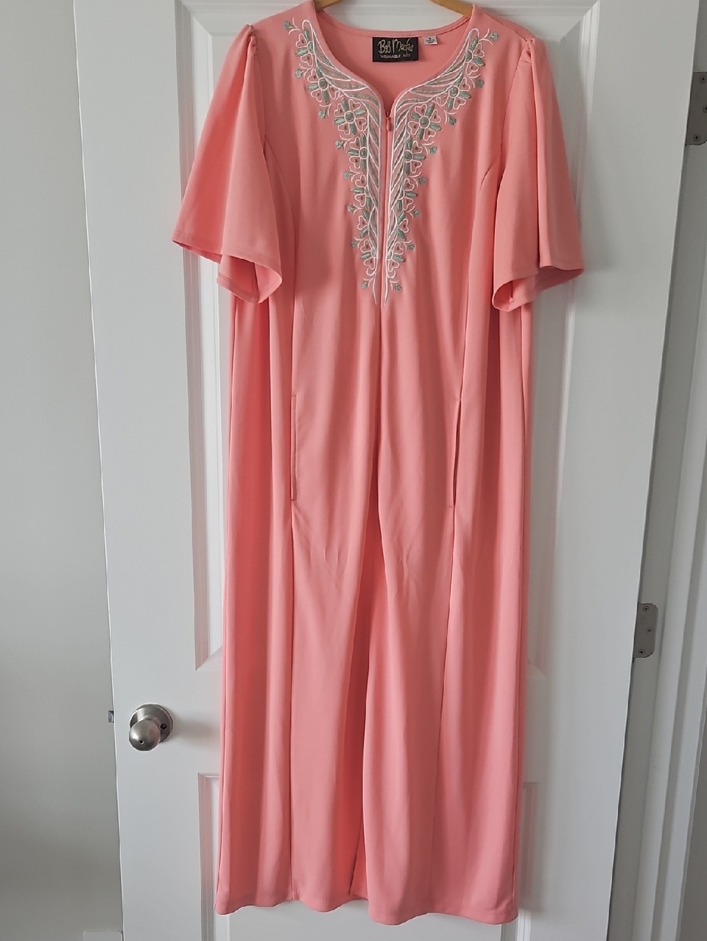 Bob Mackie Coral Pink Maxi Dress with Embroidered Neckline